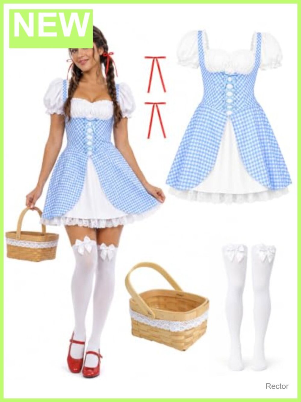Blue Gingham Dress Set with Basket Socks Hair Bows